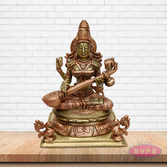 Brass Goddess Saraswati Idol with Veena – Handcrafted Vidya Lakshmi Murti for Pooja