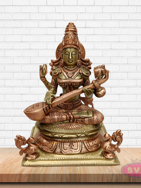 Brass Goddess Saraswati Idol with Veena – Handcrafted Vidya Lakshmi Murti for Pooja