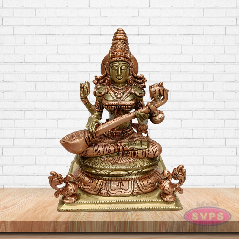 Brass Goddess Saraswati Idol with Veena – Handcrafted Vidya Lakshmi Murti for Pooja