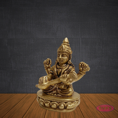 Antique Finish Brass Saraswati Idol – Goddess of Music & Wisdom with Veena