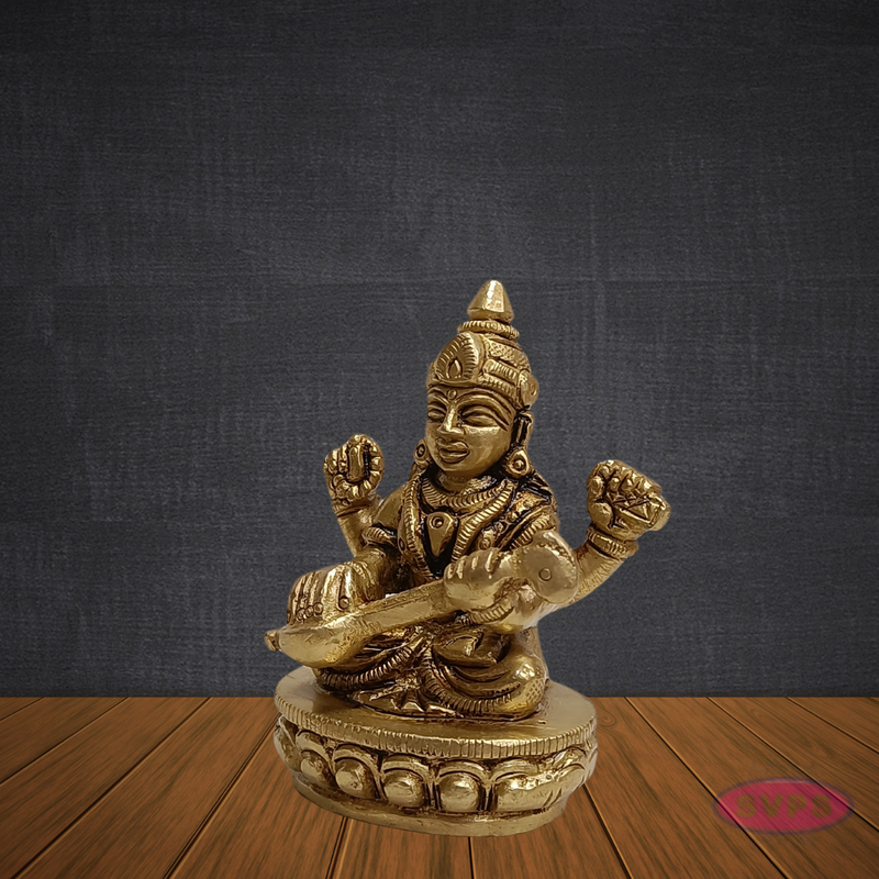 Antique Finish Brass Saraswati Idol – Goddess of Music & Wisdom with Veena