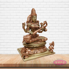 Brass Goddess Saraswati Idol with Veena – Handcrafted Vidya Lakshmi Murti for Pooja