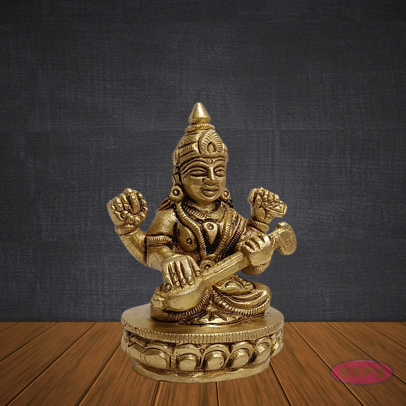 Antique Finish Brass Saraswati Idol – Goddess of Music & Wisdom with Veena