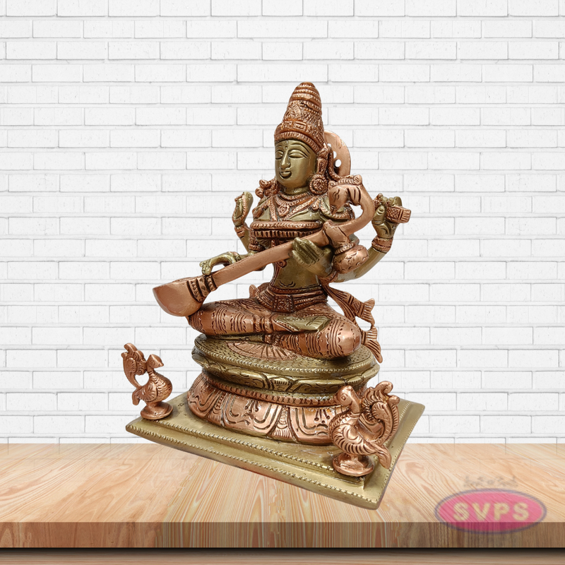 Brass Goddess Saraswati Idol with Veena – Handcrafted Vidya Lakshmi Murti for Pooja