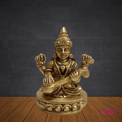 Antique Finish Brass Saraswati Idol – Goddess of Music & Wisdom with Veena