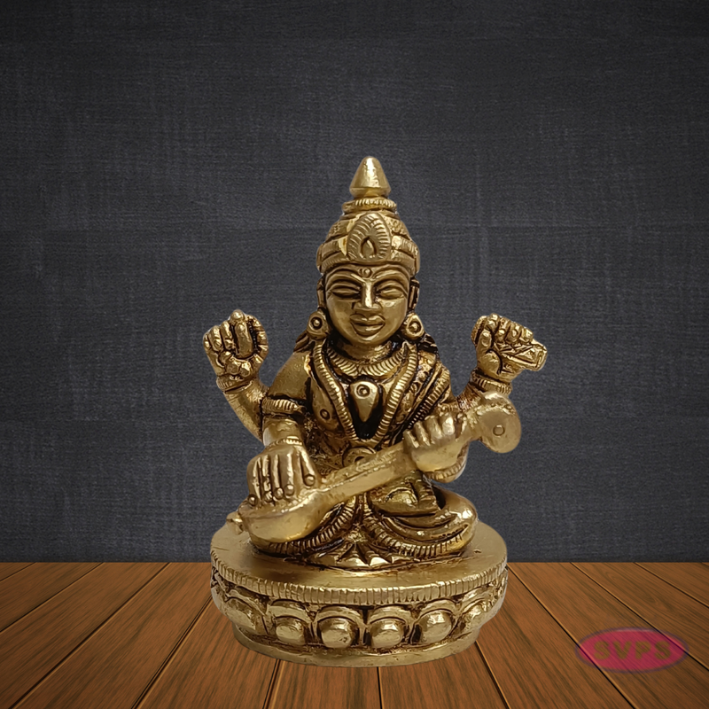 Antique Finish Brass Saraswati Idol – Goddess of Music & Wisdom with Veena