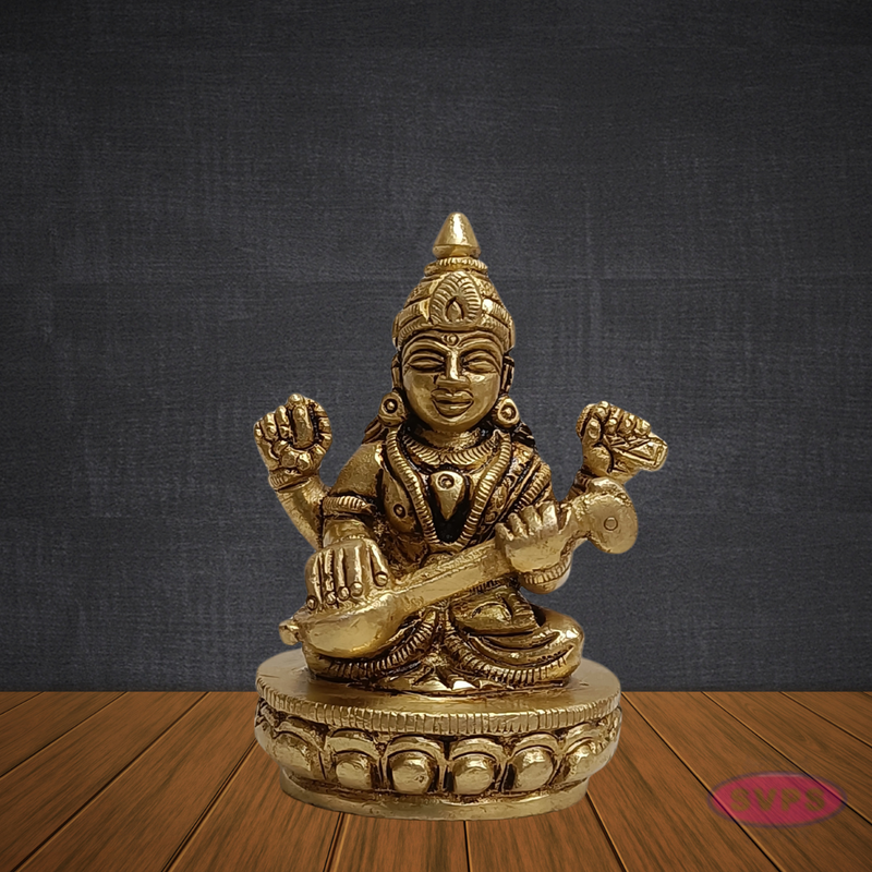 Antique Finish Brass Saraswati Idol – Goddess of Music & Wisdom with Veena