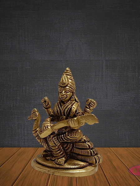 Brass Saraswathi Devi Idol Sitting on Swan – Handcrafted Goddess of Knowledge Statue