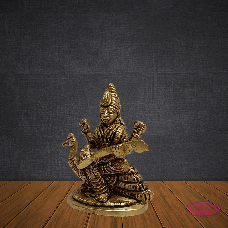 Brass Saraswathi Devi Idol Sitting on Swan – Handcrafted Goddess of Knowledge Statue