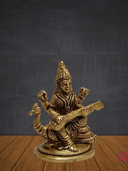 Brass Saraswathi Devi Idol Sitting on Swan – Handcrafted Goddess of Knowledge Statue