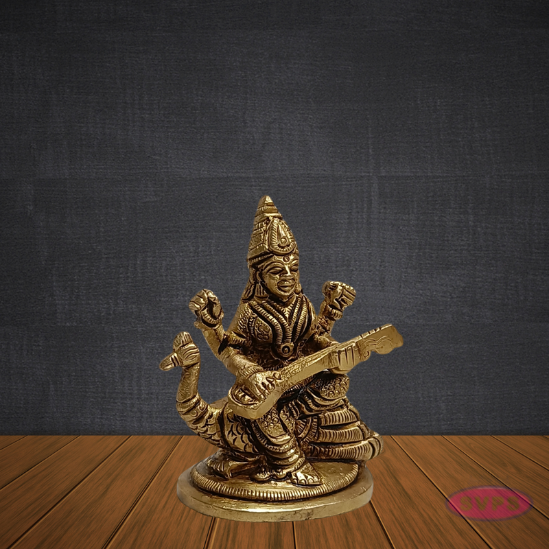 Brass Saraswathi Devi Idol Sitting on Swan – Handcrafted Goddess of Knowledge Statue