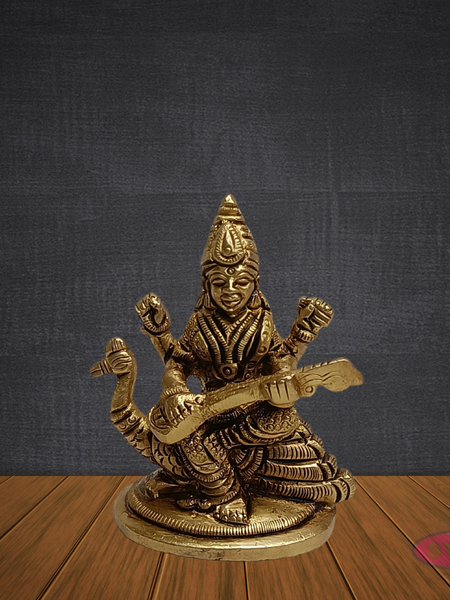 Brass Saraswathi Devi Idol Sitting on Swan – Handcrafted Goddess of Knowledge Statue