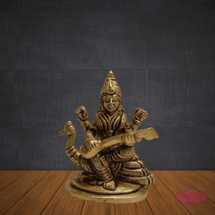 Brass Saraswathi Devi Idol Sitting on Swan – Handcrafted Goddess of Knowledge Statue