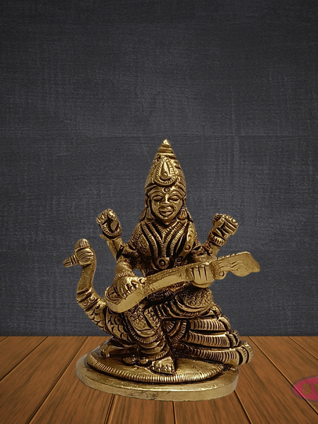 Brass Saraswathi Devi Idol Sitting on Swan – Handcrafted Goddess of Knowledge Statue