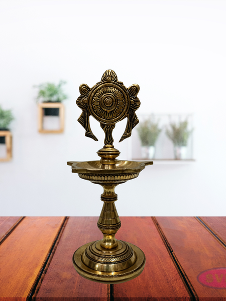 Antique Finish Brass Shankh Chakra Oil Lamp with Divine Design