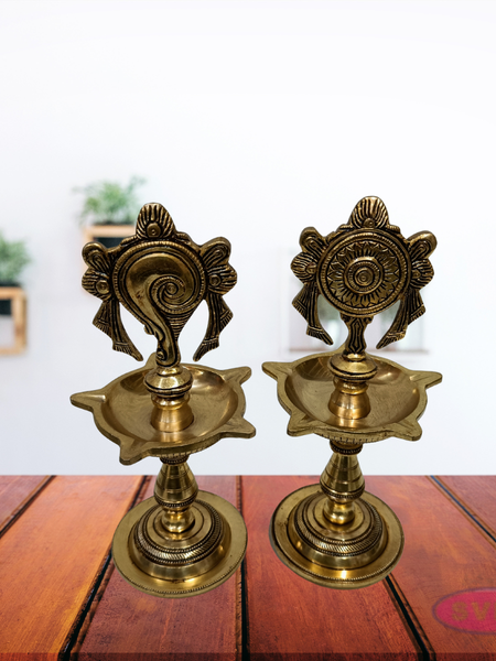 Antique Finish Brass Shankh Chakra Oil Lamp with Divine Design
