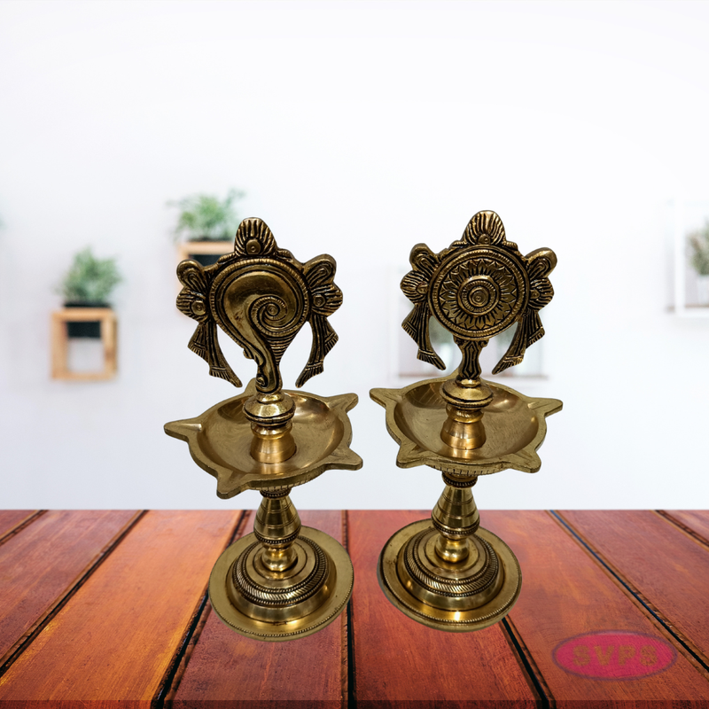 Antique Finish Brass Shankh Chakra Oil Lamp with Divine Design
