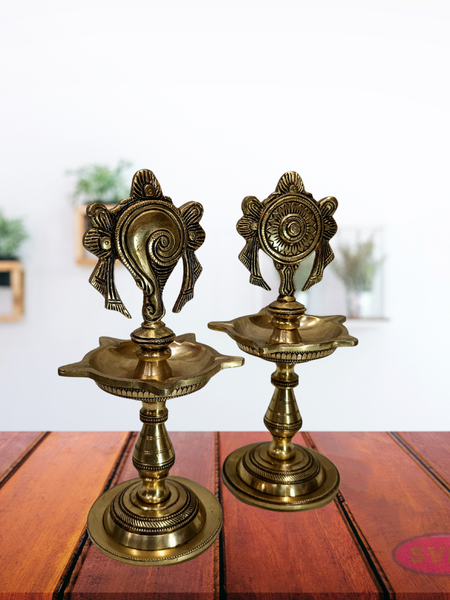 Antique Finish Brass Shankh Chakra Oil Lamp with Divine Design
