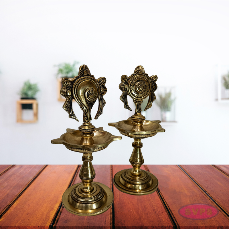 Antique Finish Brass Shankh Chakra Oil Lamp with Divine Design
