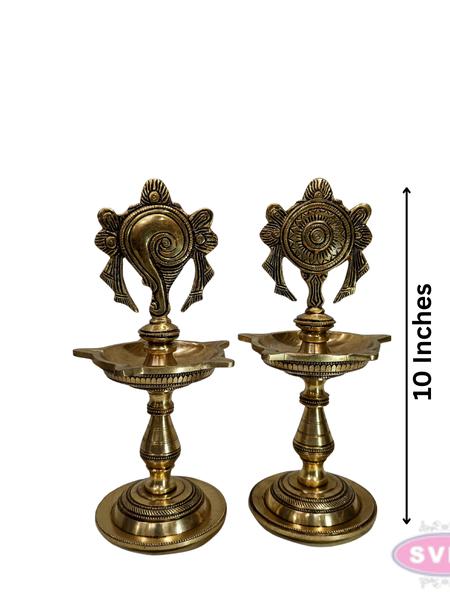 Antique Finish Brass Shankh Chakra Oil Lamp with Divine Design