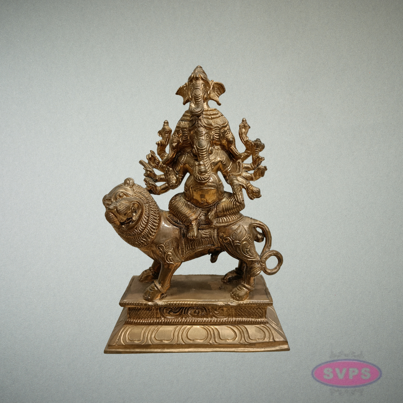 Panchaloha Panchamukha Ganesha Idol on Lion Vahanam – 8.5 Inches
