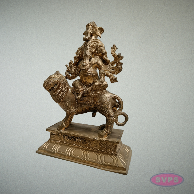 Panchaloha Panchamukha Ganesha Idol on Lion Vahanam – 8.5 Inches