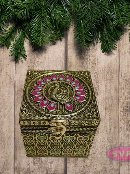 Meenakari Wooden Dry Fruit Box with 1 Glass Jars – Peacock Design Decorative Gift Box