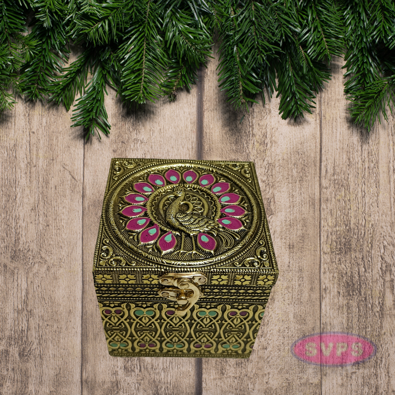 Meenakari Wooden Dry Fruit Box with 1 Glass Jars – Peacock Design Decorative Gift Box