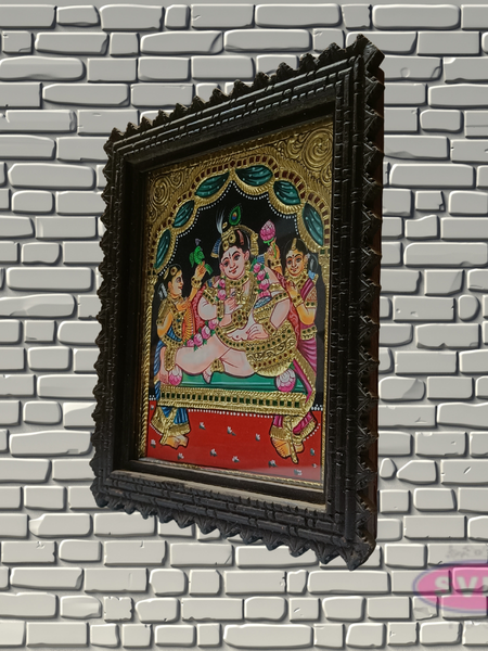 Bal Krishna Tanjore Painting with Teak Wood Frame | Hindu God Wall Decor
