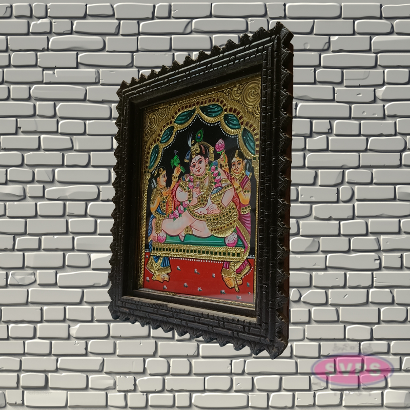 Bal Krishna Tanjore Painting with Teak Wood Frame | Hindu God Wall Decor