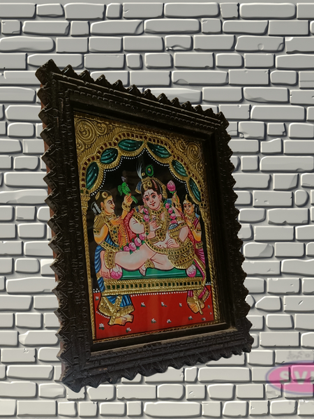 Bal Krishna Tanjore Painting with Teak Wood Frame | Hindu God Wall Decor