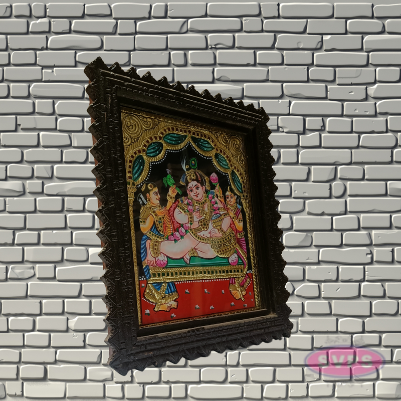 Bal Krishna Tanjore Painting with Teak Wood Frame | Hindu God Wall Decor