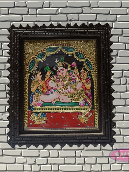 Bal Krishna Tanjore Painting with Teak Wood Frame | Hindu God Wall Decor