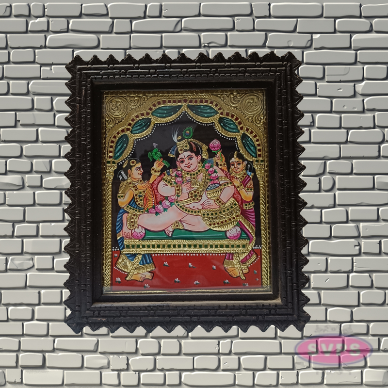 Bal Krishna Tanjore Painting with Teak Wood Frame | Hindu God Wall Decor