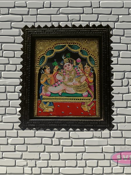 Bal Krishna Tanjore Painting with Teak Wood Frame | Hindu God Wall Decor