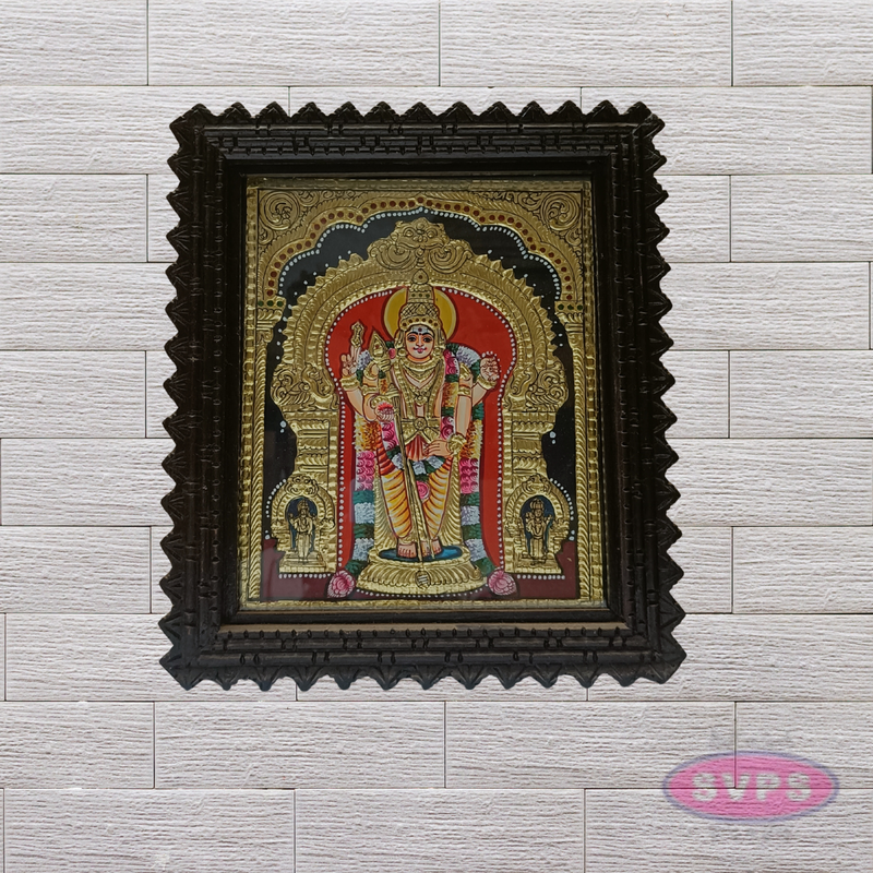 Lord Murugan Tanjore Painting with Teak Wood Frame – Traditional Gold Foil Artwork
