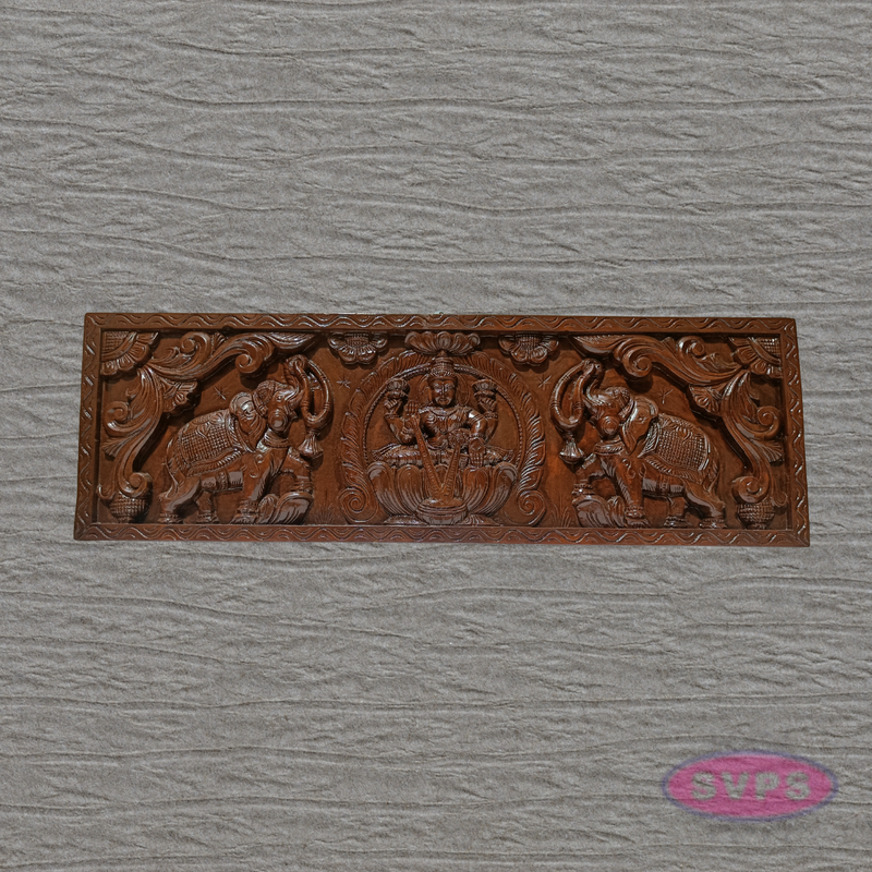 3 Ft Wooden Gajalakshmi Wall Panel | Antique Finish | Temple Carving | Home Décor
