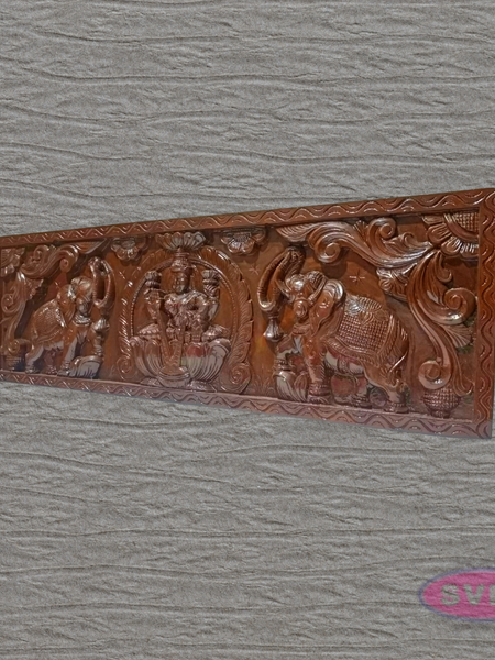 3 Ft Wooden Gajalakshmi Wall Panel | Antique Finish | Temple Carving | Home Décor