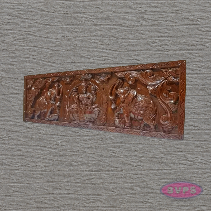 3 Ft Wooden Gajalakshmi Wall Panel | Antique Finish | Temple Carving | Home Décor