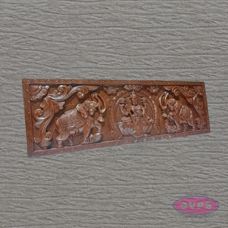 3 Ft Wooden Gajalakshmi Wall Panel | Antique Finish | Temple Carving | Home Décor