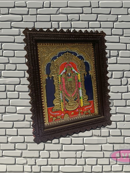 Tirupati Balaji Tanjore Painting with Teak Wood Frame | Hindu God Wall Decor