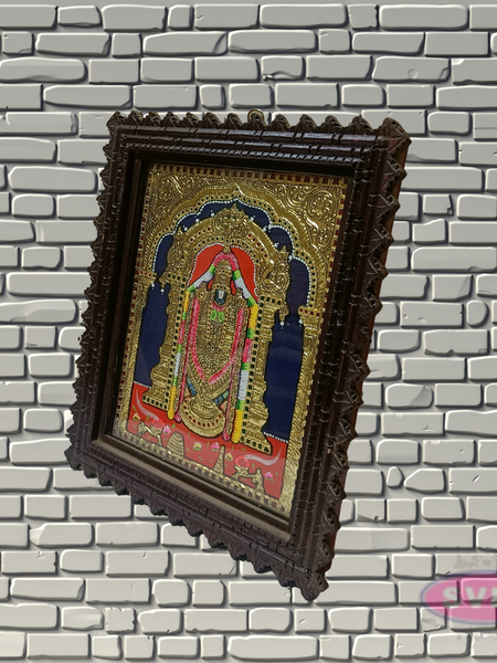 Tirupati Balaji Tanjore Painting with Teak Wood Frame | Hindu God Wall Decor