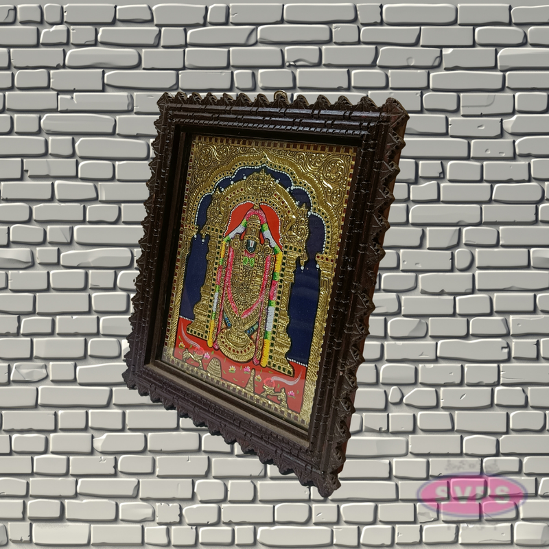 Tirupati Balaji Tanjore Painting with Teak Wood Frame | Hindu God Wall Decor