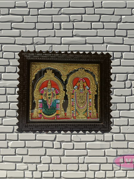 Tirupathi Perumal and Thayar Tanjore Painting with Teak Wood Frame for Pooja Room Decor