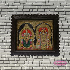 Tirupathi Perumal and Thayar Tanjore Painting with Teak Wood Frame for Pooja Room Decor