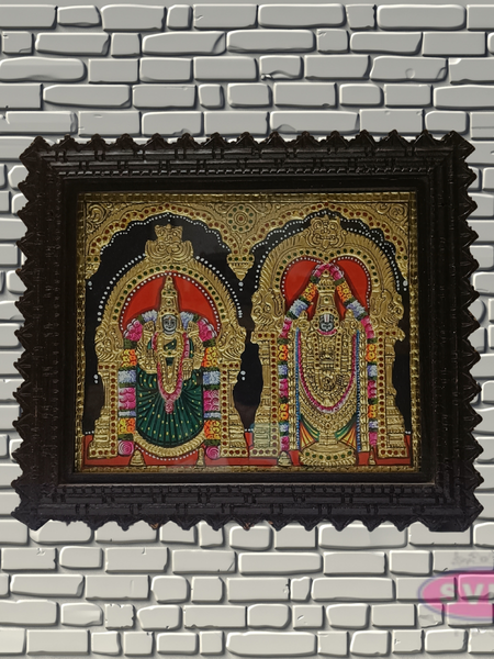 Tirupathi Perumal and Thayar Tanjore Painting with Teak Wood Frame for Pooja Room Decor