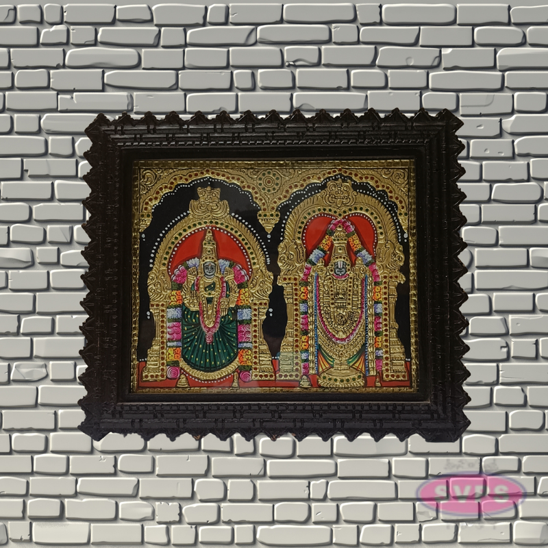 Tirupathi Perumal and Thayar Tanjore Painting with Teak Wood Frame for Pooja Room Decor