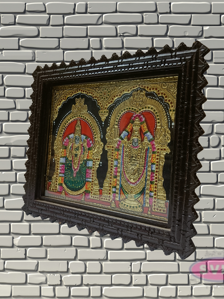 Tirupathi Perumal and Thayar Tanjore Painting with Teak Wood Frame for Pooja Room Decor