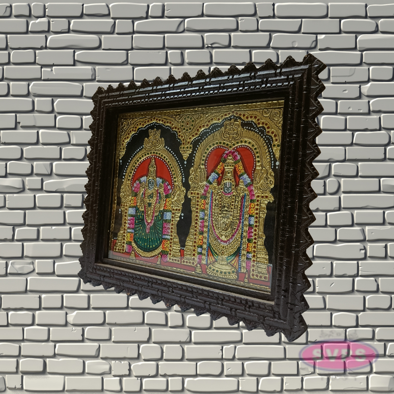 Tirupathi Perumal and Thayar Tanjore Painting with Teak Wood Frame for Pooja Room Decor