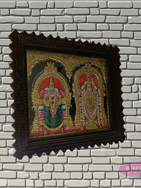 Tirupathi Perumal and Thayar Tanjore Painting with Teak Wood Frame for Pooja Room Decor